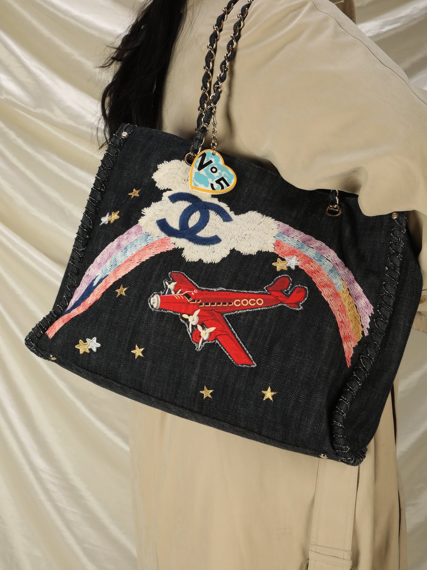 Extremely Rare Limited Edition Chanel Denim Embroidered Tote