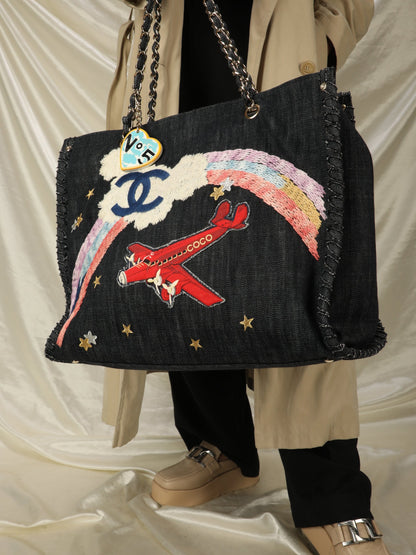 Extremely Rare Limited Edition Chanel Denim Embroidered Tote