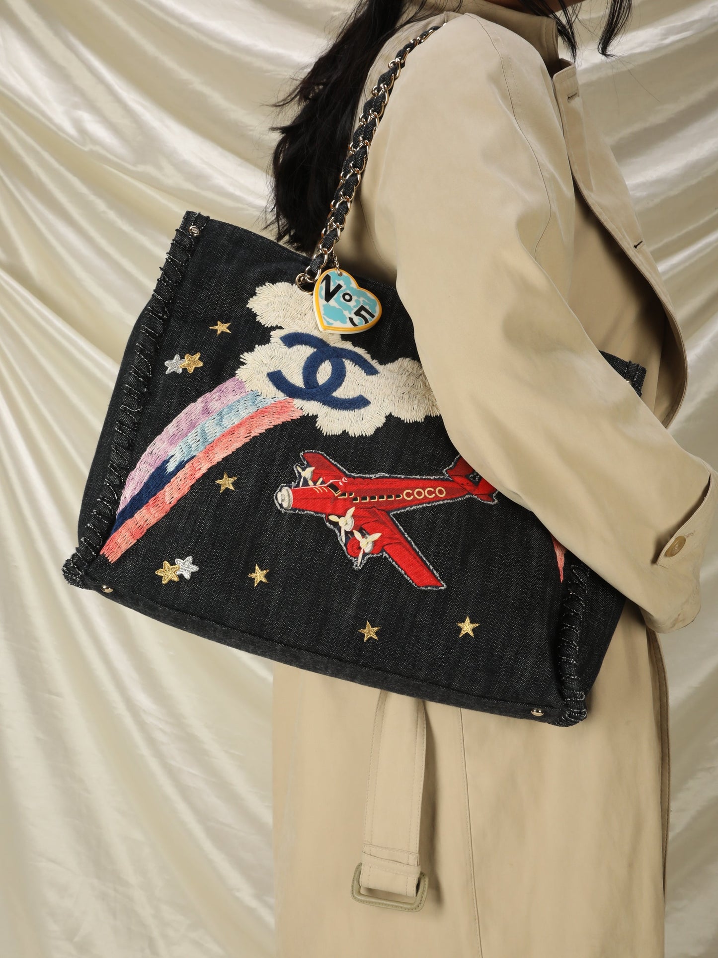 Extremely Rare Limited Edition Chanel Denim Embroidered Tote