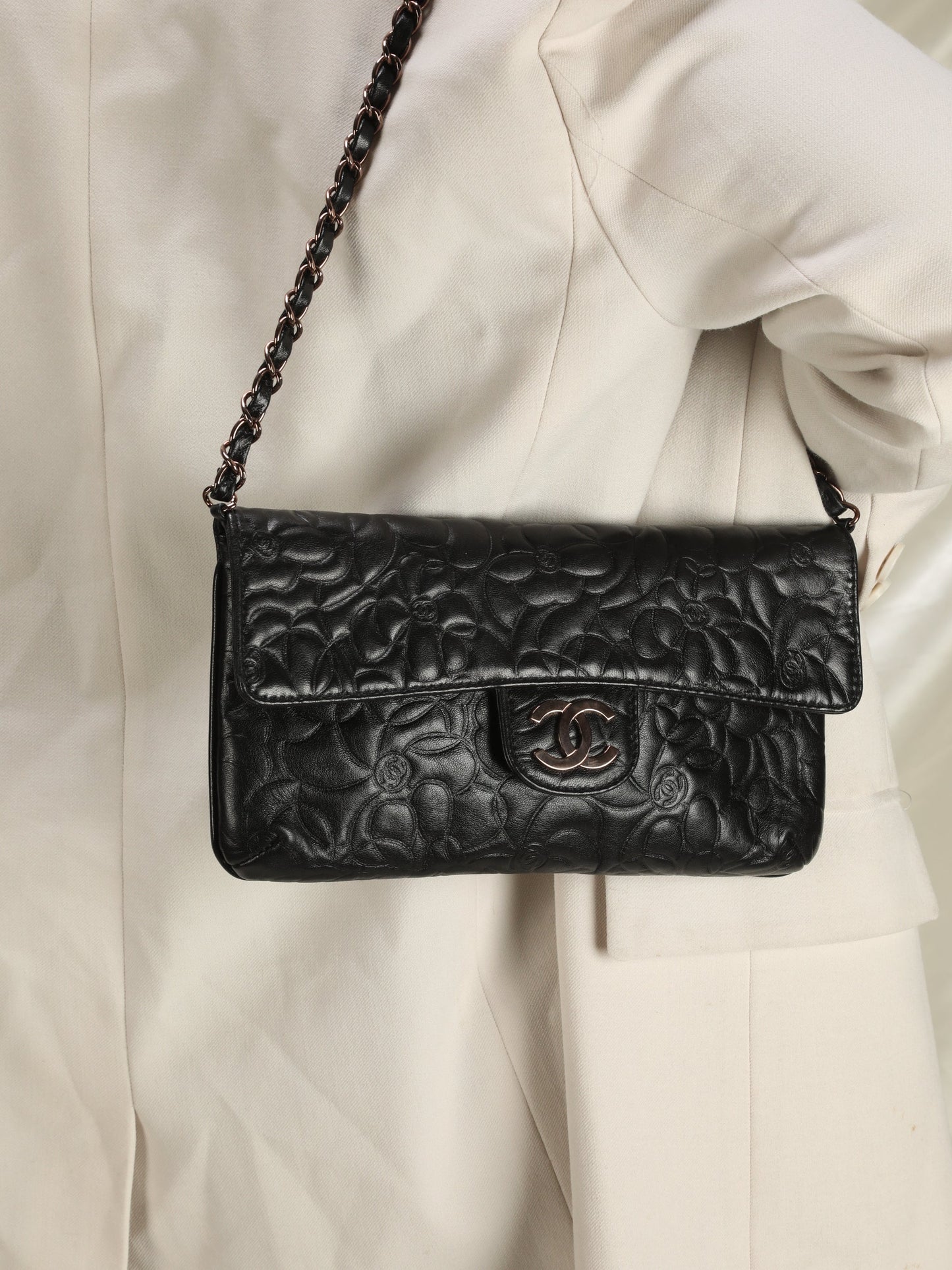 Extremely Rare Chanel Rose Gold Lambskin Camellia Flap Bag