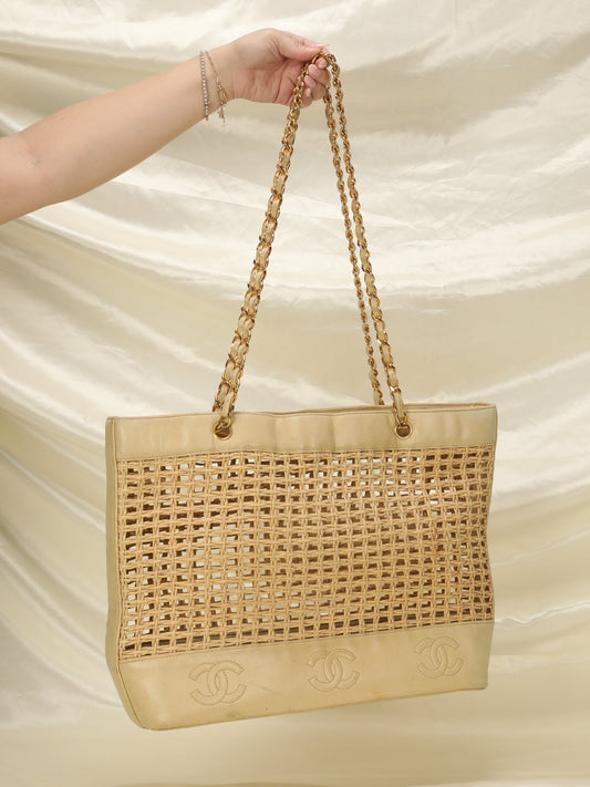 Extremely Rare Chanel Raffia & Lambskin Logo Tote