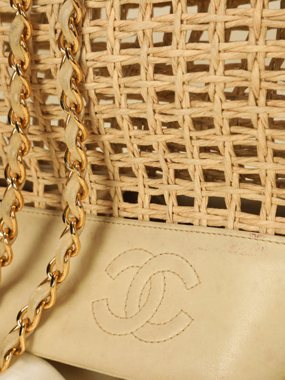 Extremely Rare Chanel Raffia & Lambskin Logo Tote