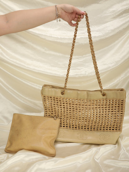 Extremely Rare Chanel Raffia & Lambskin Logo Tote