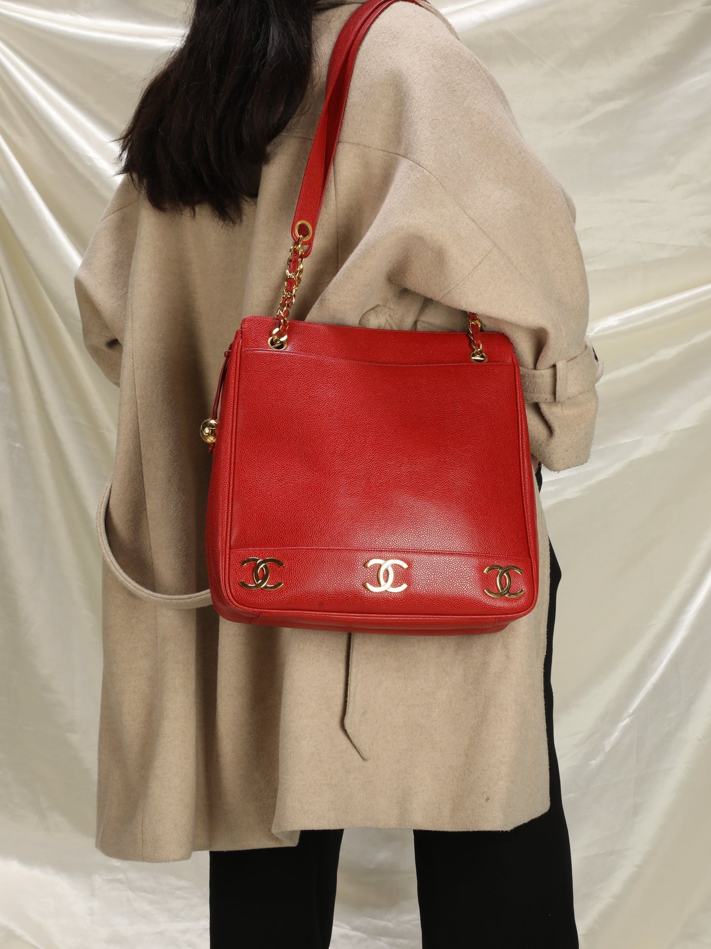 Chanel Caviar Red Logo Tote