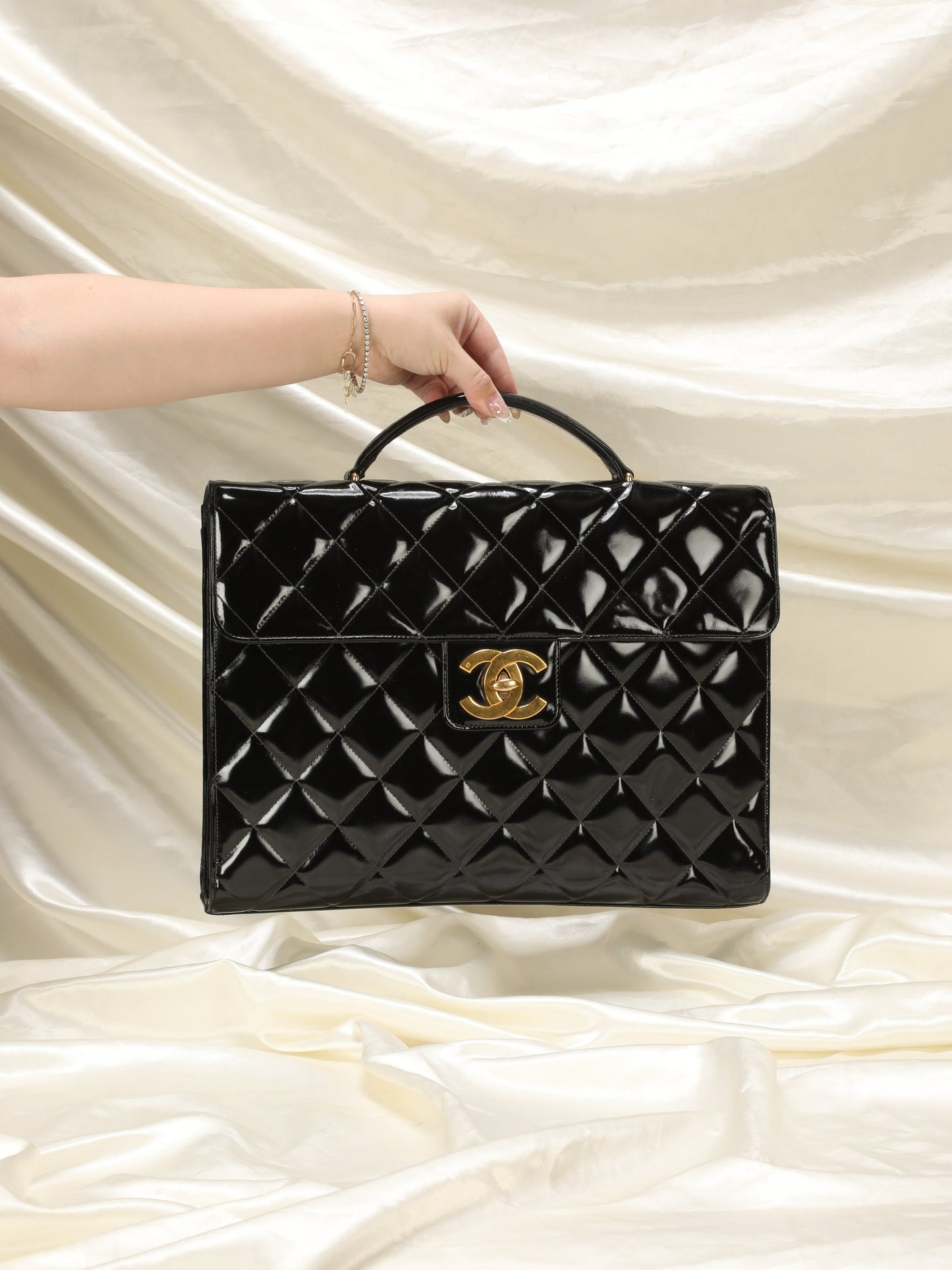 Chanel XL Logo Quilted Patent Top Handle