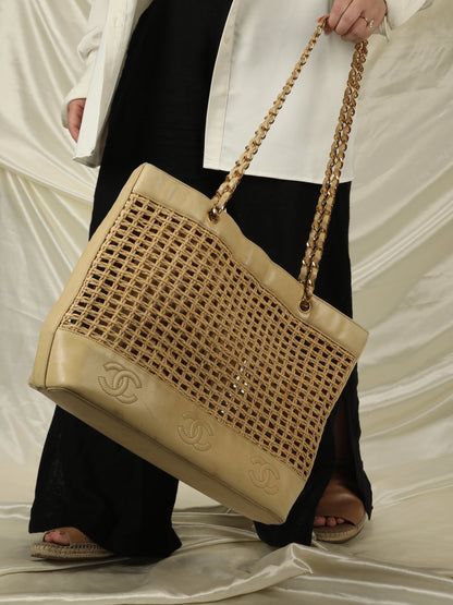 Extremely Rare Chanel Raffia & Lambskin Logo Tote