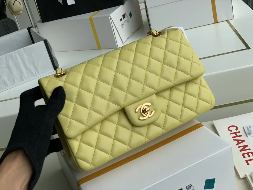 Chanel Classic Double Flap 25 Shoulder Bag Lemon