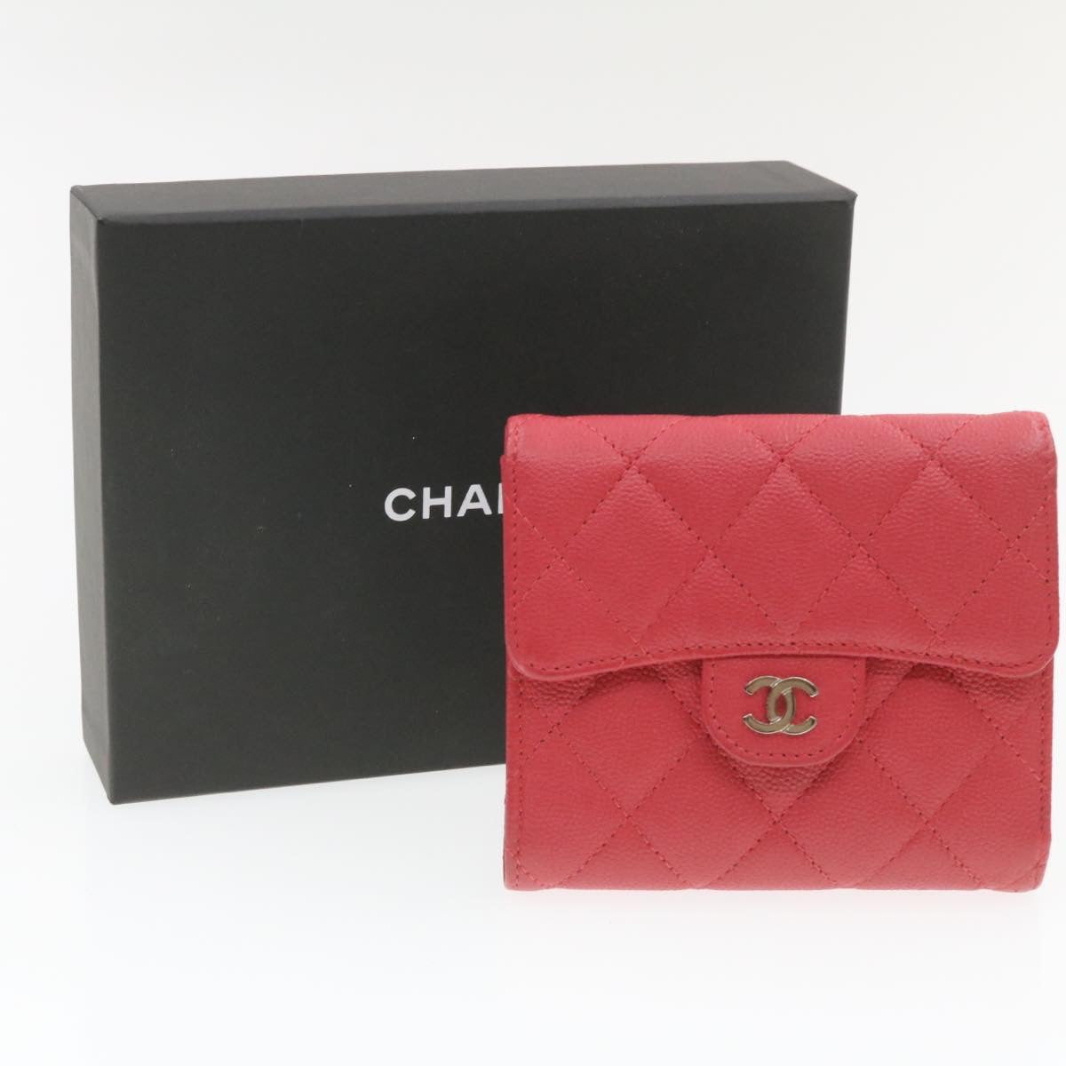 CHANEL Caviar Skin Matelasse Wallet Pink Red CC 18734SA