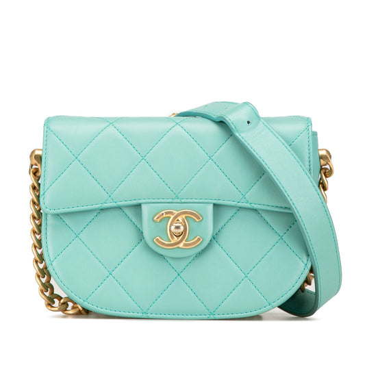 Blue Chanel Quilted Lambskin Round Moon Messenger Flap Crossbody Bag