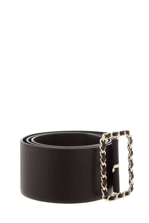 Chanel Black Leather Woven Buckle Wide Belt SZ 95/38
