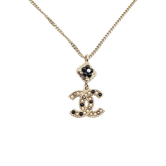 Chanel CC Logo Flower Black Bead Faux Pearl Necklace