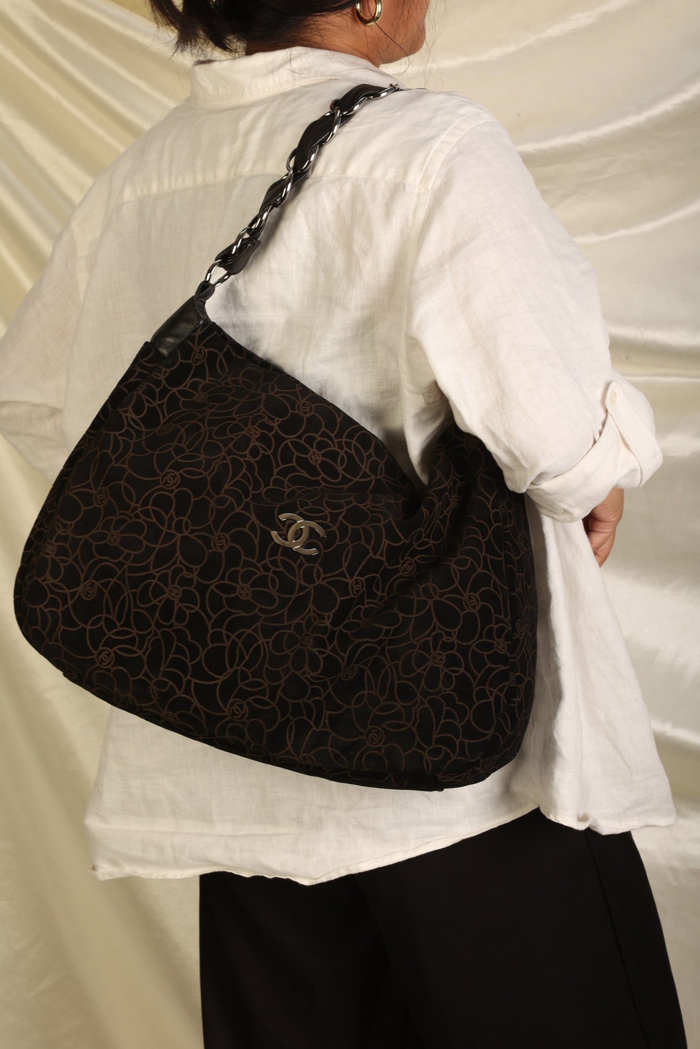 Chanel Suede Camellia Hobo
