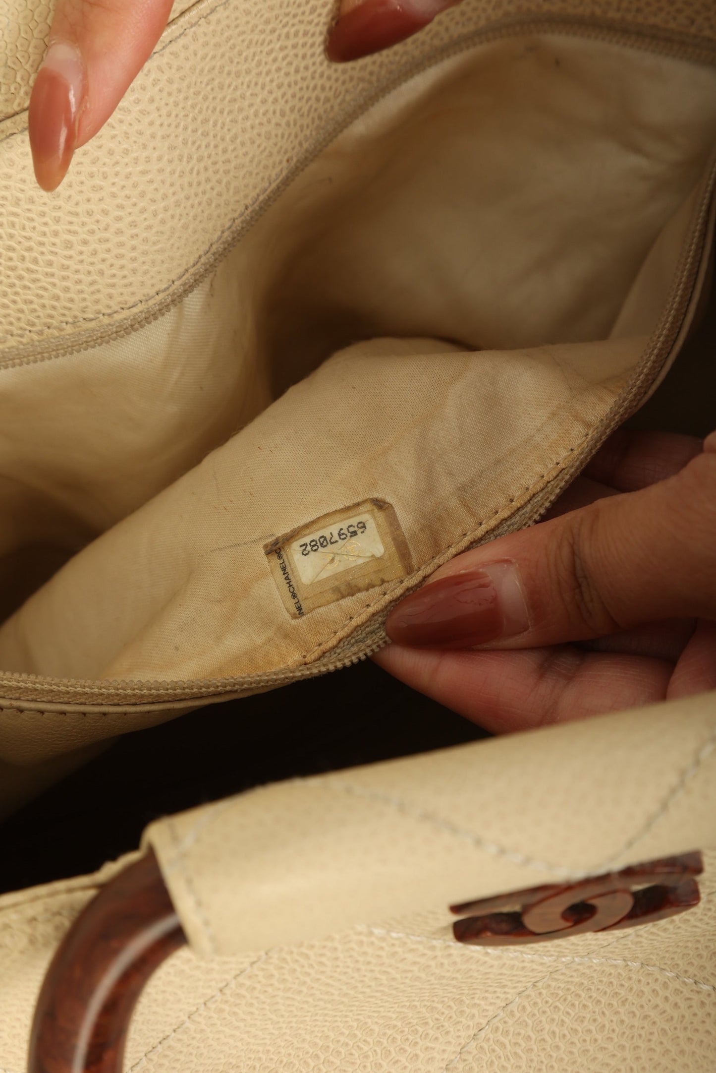 Chanel 2000 Caviar Wood Handle Tote