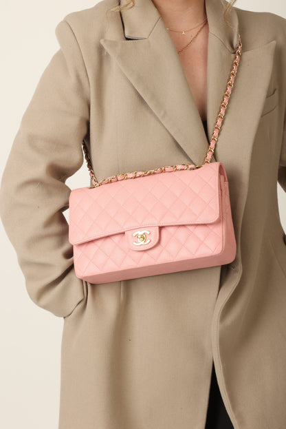 Extremely Rare Chanel Rose Sakura Caviar Medium Double Flap