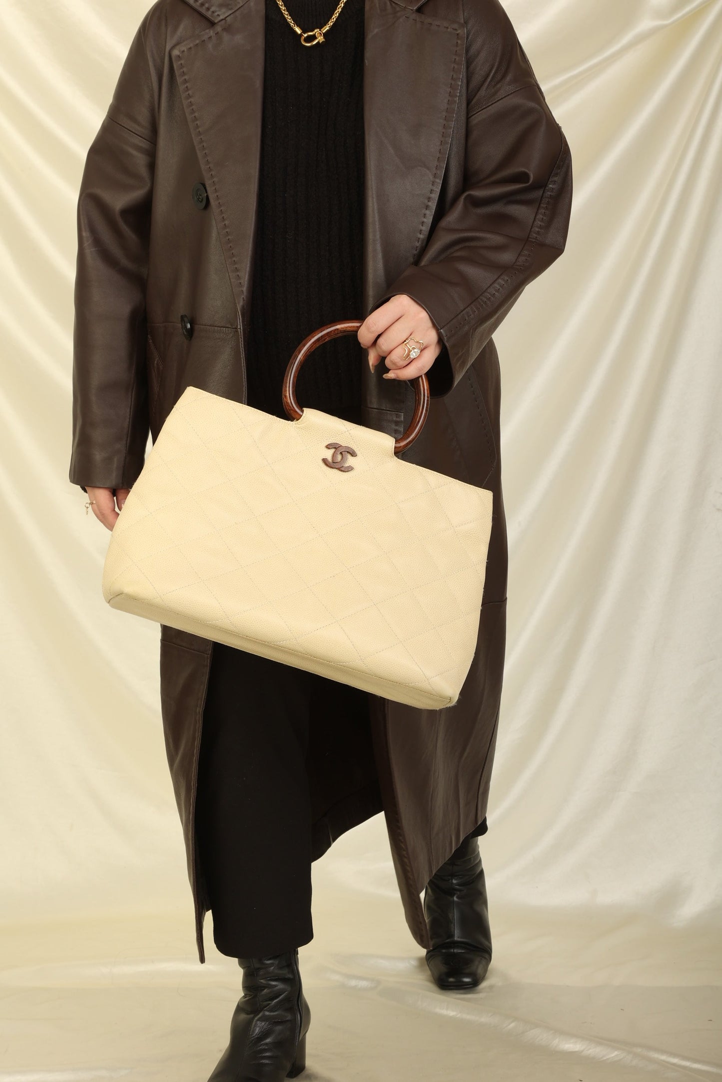 Chanel 2000 Caviar Wood Handle Tote