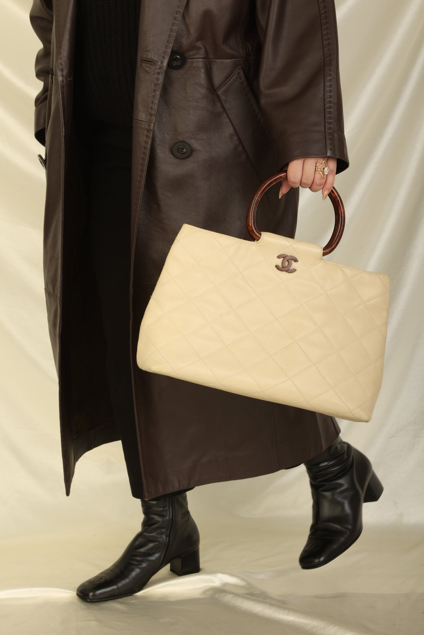 Chanel 2000 Caviar Wood Handle Tote