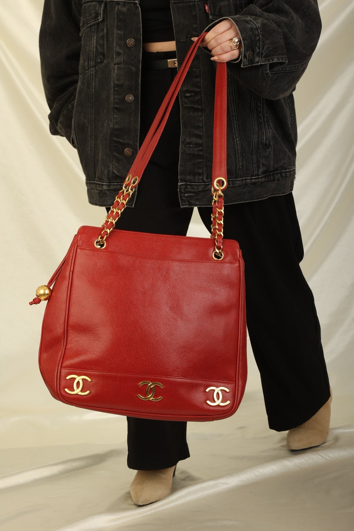 Chanel Caviar Red Logo Tote