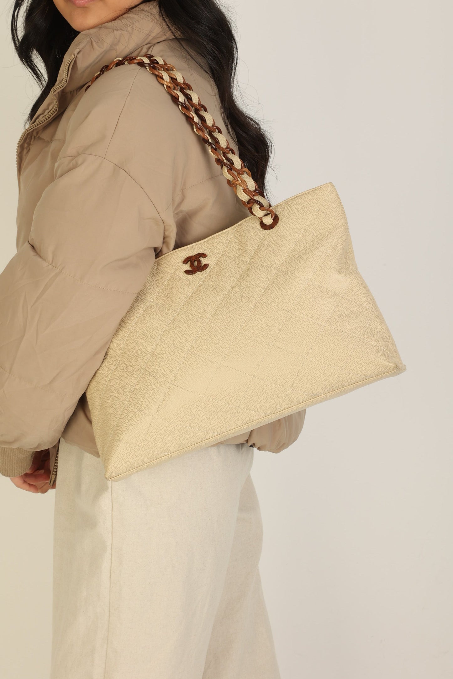 Chanel 2000 Caviar Wood Chain Tote