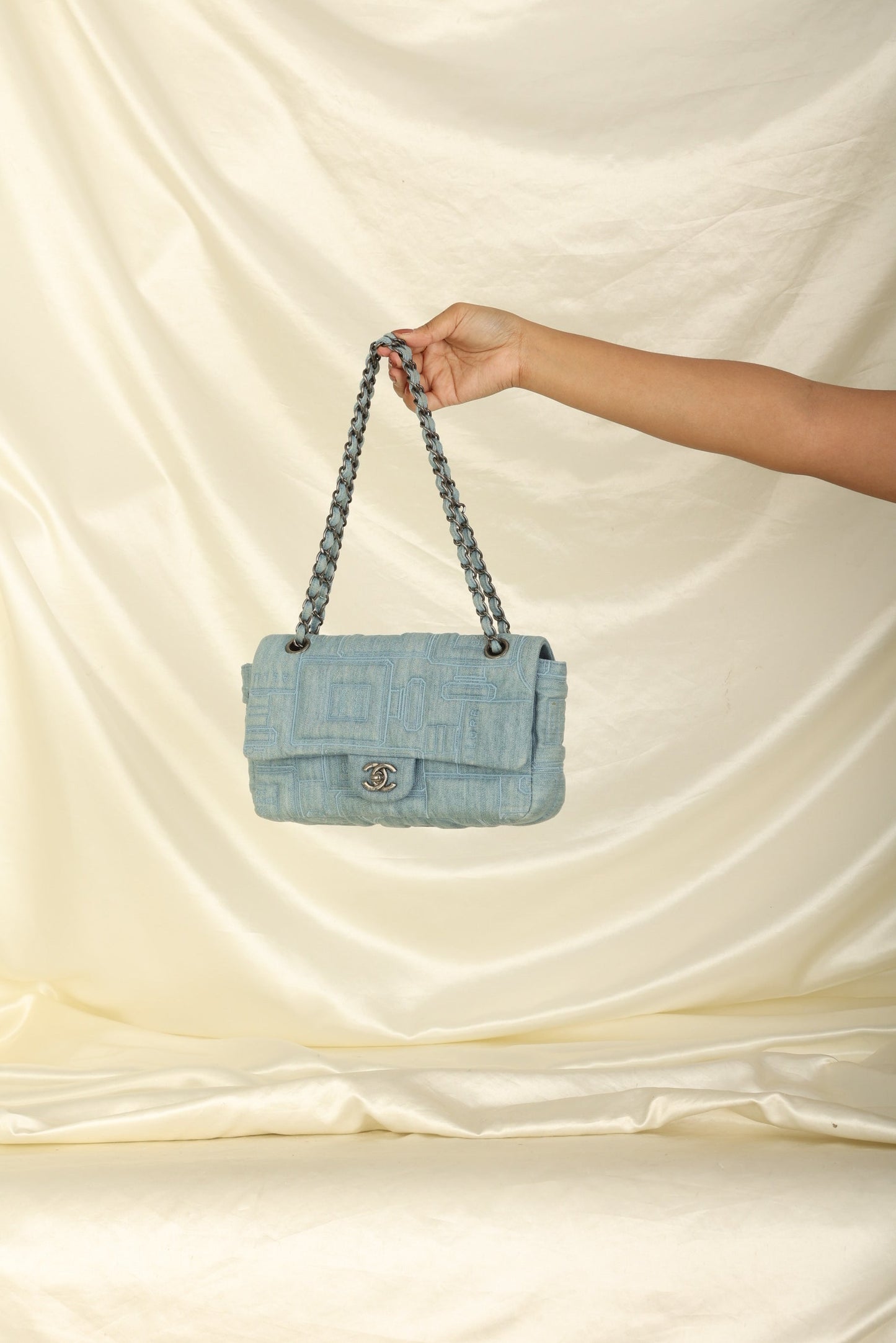 Extremely Rare 2016 Chanel Denim Perfume Embroidered Medium Flap