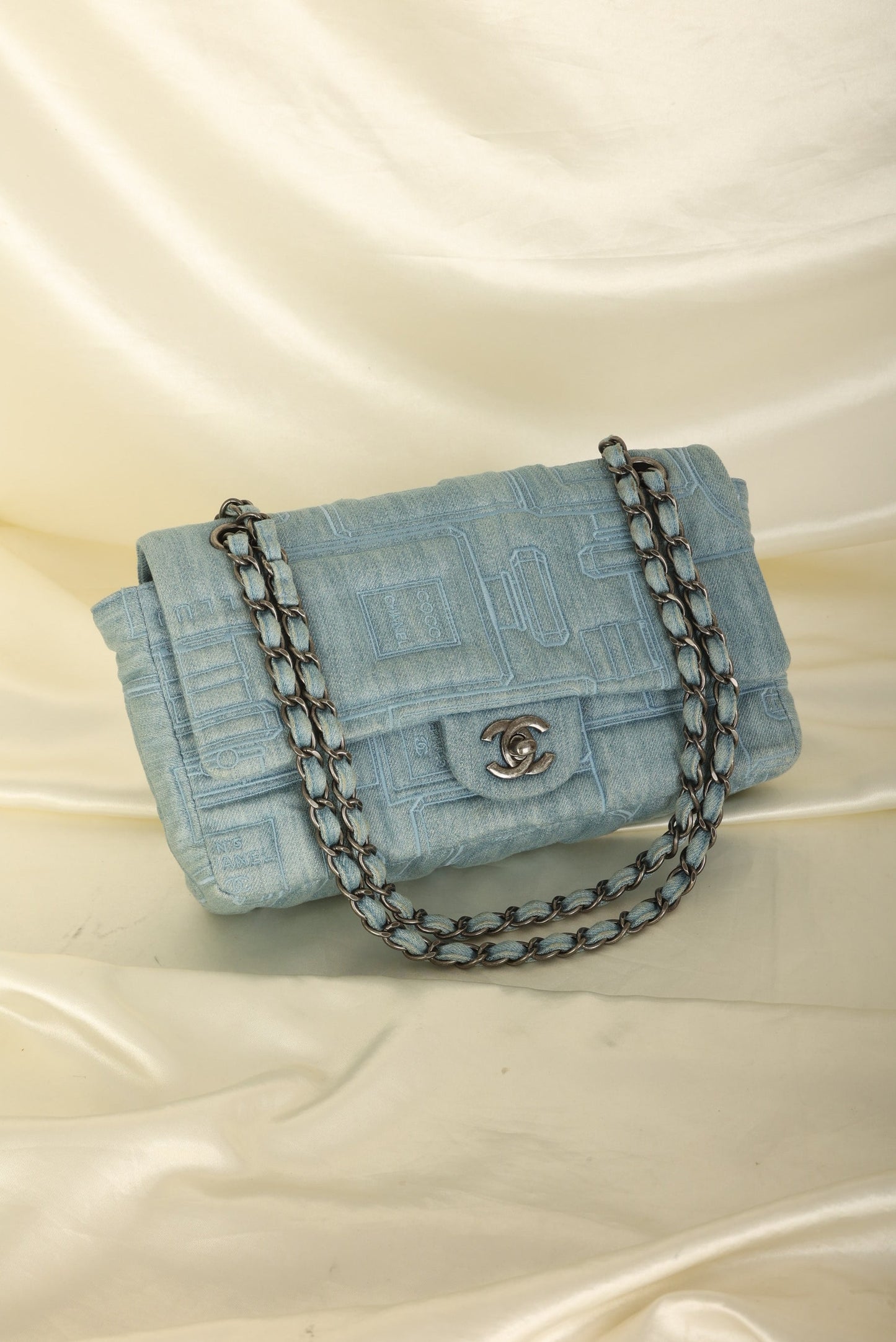 Extremely Rare 2016 Chanel Denim Perfume Embroidered Medium Flap