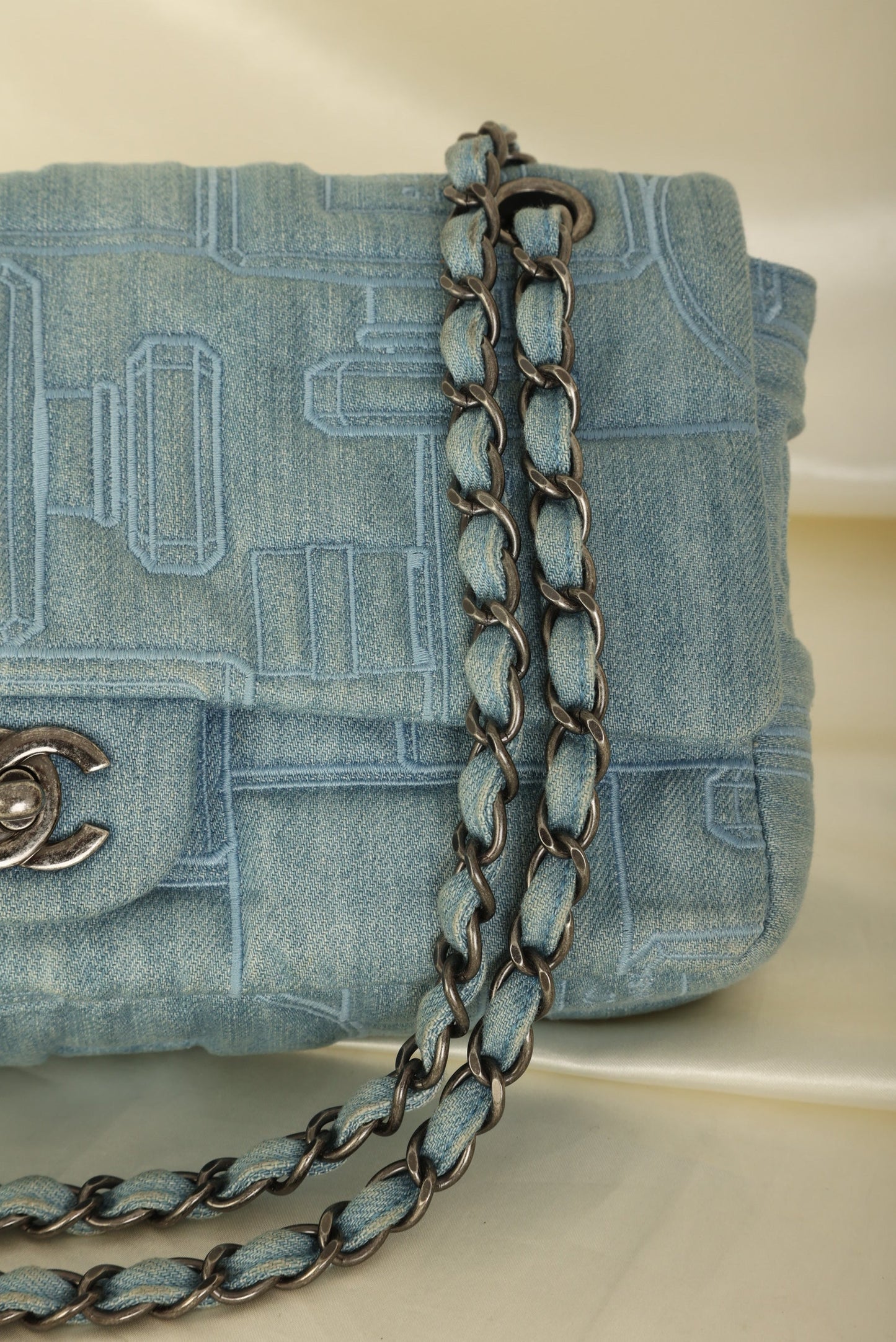 Extremely Rare 2016 Chanel Denim Perfume Embroidered Medium Flap