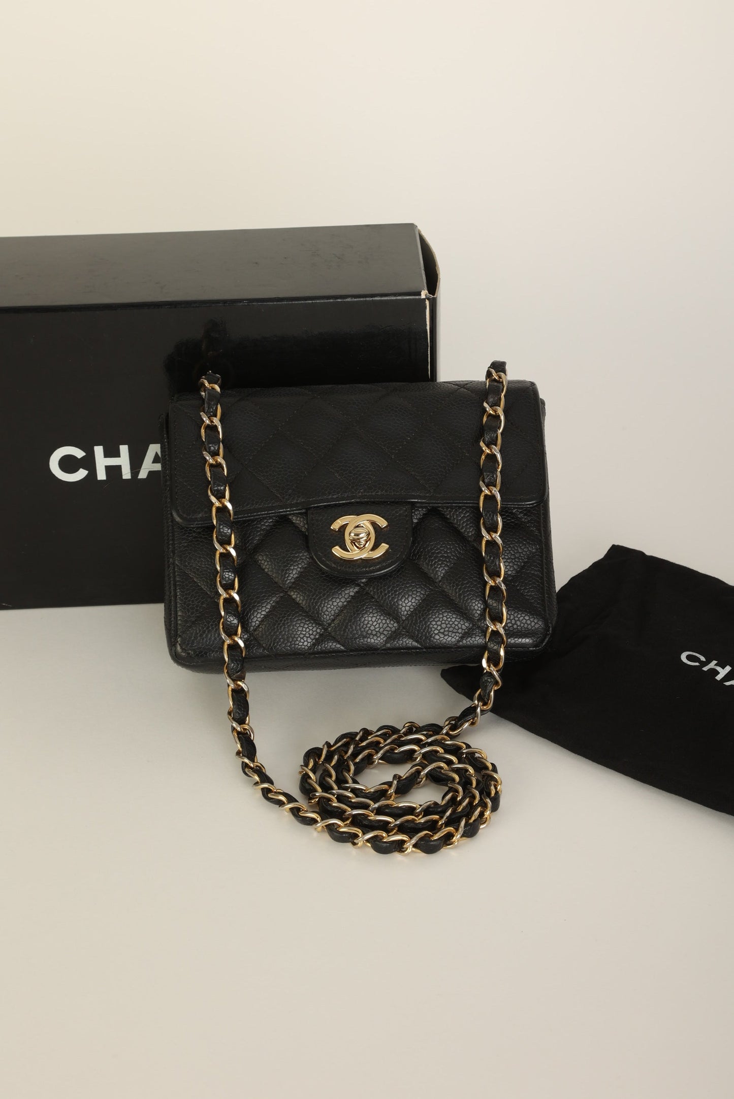 Extremely Rare Chanel 2004 Caviar 24K Mini Square Flap