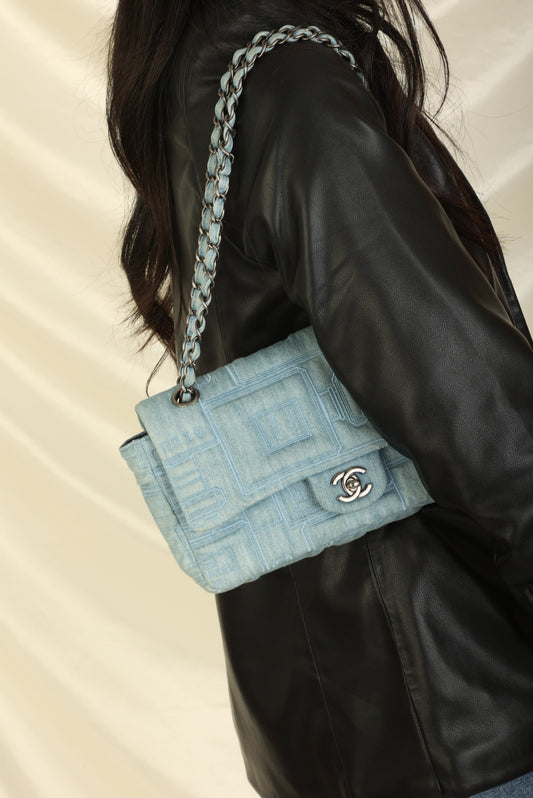 Extremely Rare 2016 Chanel Denim Perfume Embroidered Medium Flap