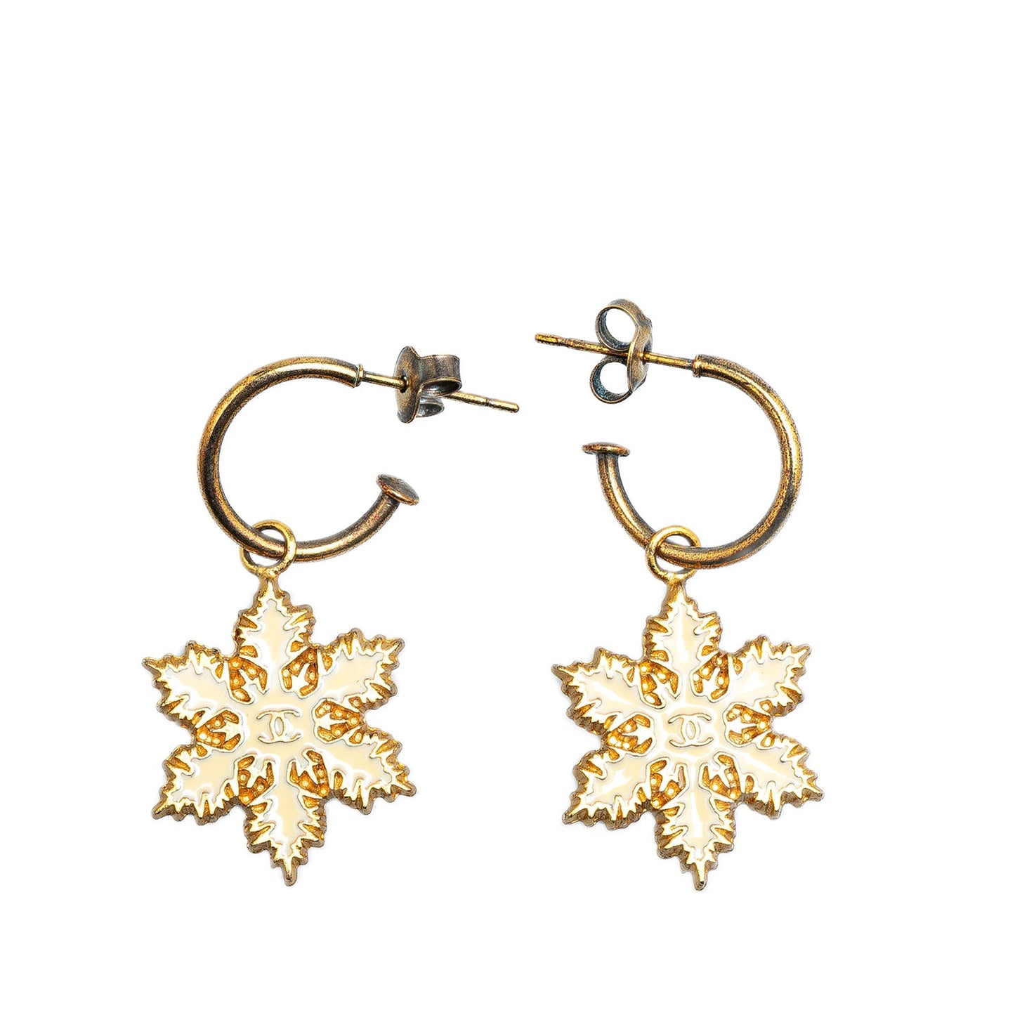 Gold Chanel Gold Plated Snowflakes Hoop Push Back Earrings