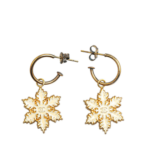 Gold Chanel Gold Plated Snowflakes Hoop Push Back Earrings