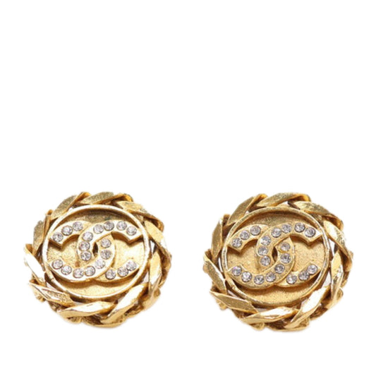 Gold Chanel Gold Plated CC Rhinestones Clip On Earrings