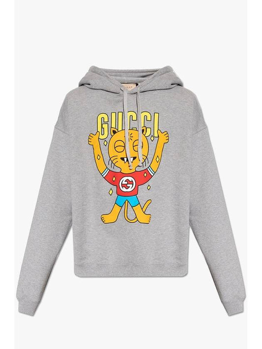 Gucci Cat Print Cotton Hoodie Grey