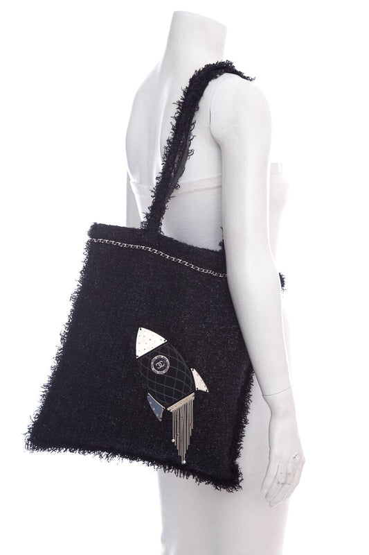 Chanel Black Tweed Rocket Shopper Handbag