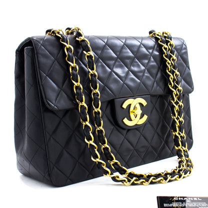 CHANEL Classic Maxi 13" 2.55 Flap Chain Shoulder Bag Black Lamb h22