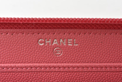 Chanel Leather Long Wallet Round Zipper Rose CC Mark