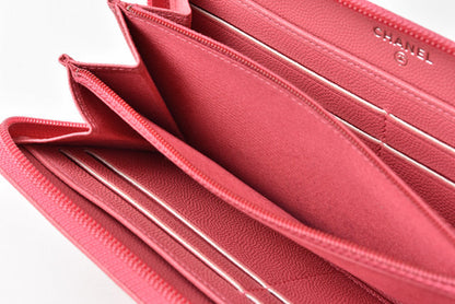 Chanel Leather Long Wallet Round Zipper Rose CC Mark