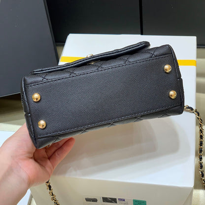 CHANEL 24K Coco Hanle Mini 19cm Black Red Grained Calfskin Gold Hardware
