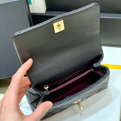 CHANEL 24K Coco Hanle Mini 19cm Black Red Grained Calfskin Gold Hardware