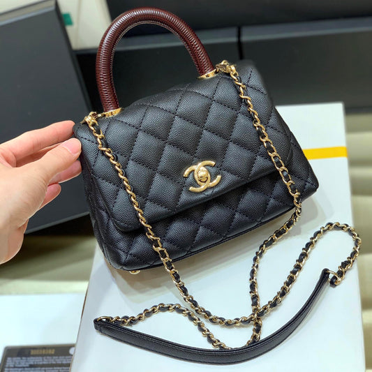 CHANEL 24K Coco Hanle Mini 19cm Black Red Grained Calfskin Gold Hardware