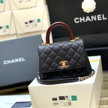 CHANEL 24K Coco Hanle Mini 19cm Black Red Grained Calfskin Gold Hardware