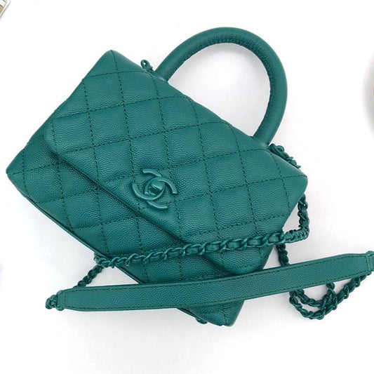 CHANEL Coco Hanle Mini 19cm Emerald Green Grained Calfskin Gold Hardware