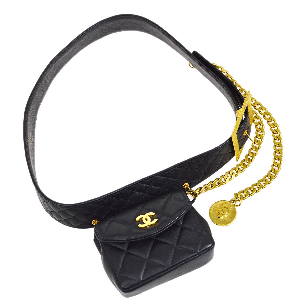 CHANEL 1994 Black Lambskin Quilted Belt Bag with Medallion Chain #80