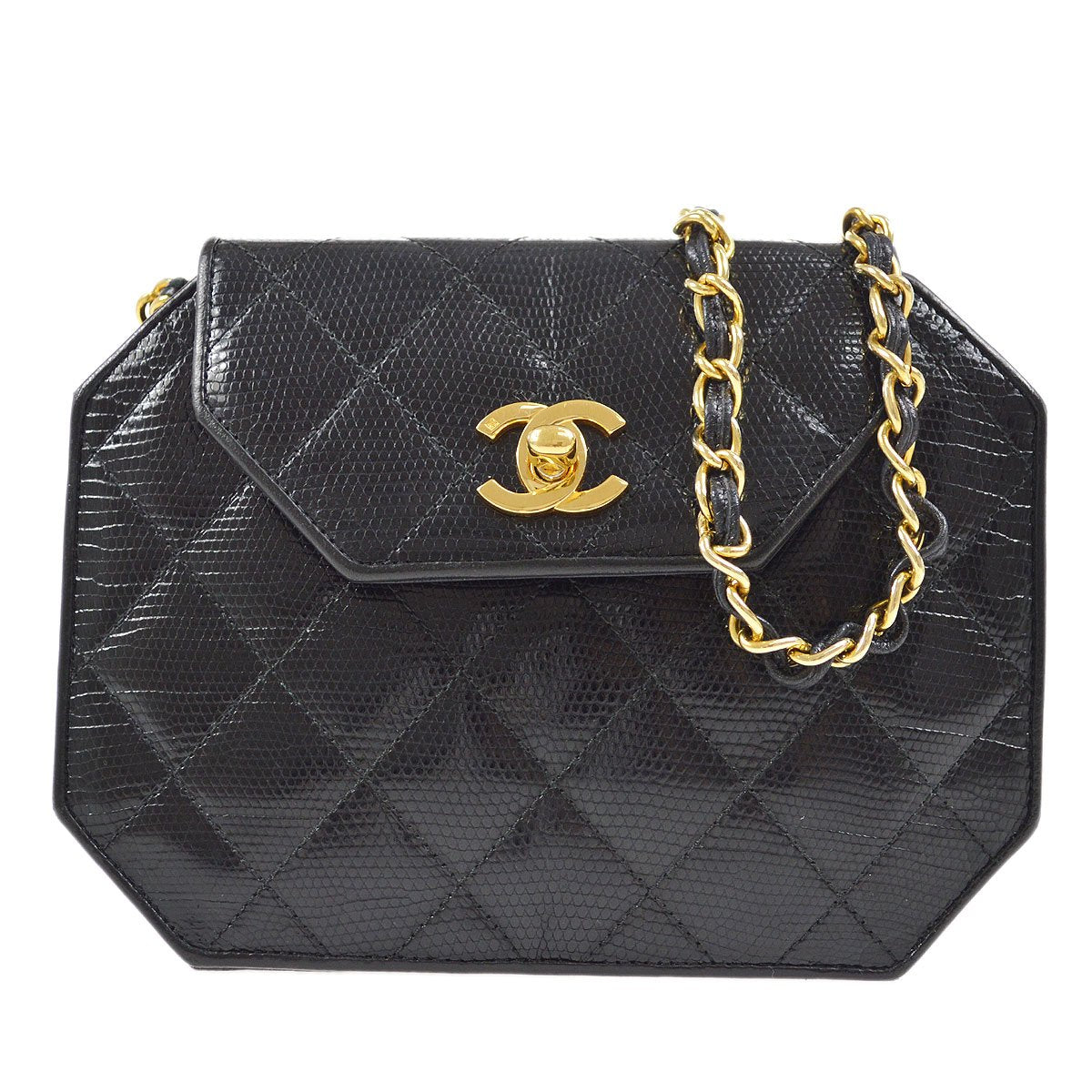 CHANEL 1989-1991 Black Lizard Octagonal Flap Bag