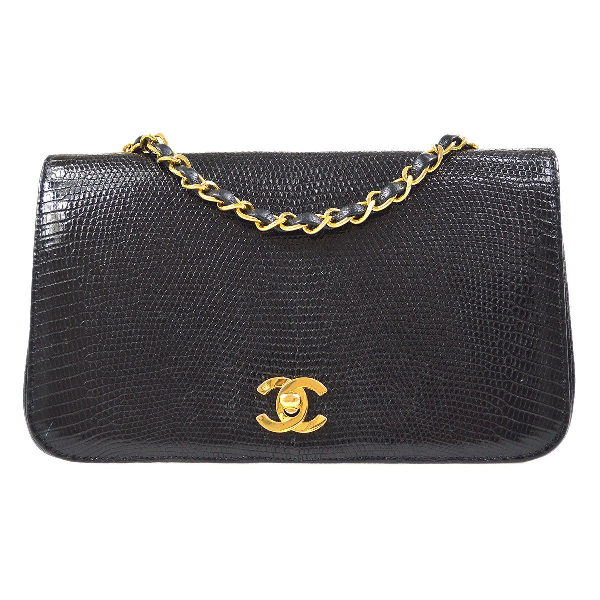 CHANEL * 1989-1991 Turnlock Full Flap Small Black Lizard