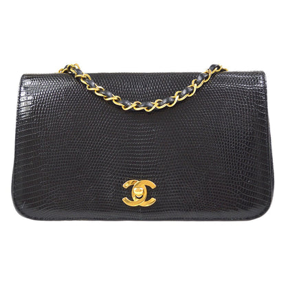 CHANEL * 1989-1991 Turnlock Full Flap Small Black Lizard