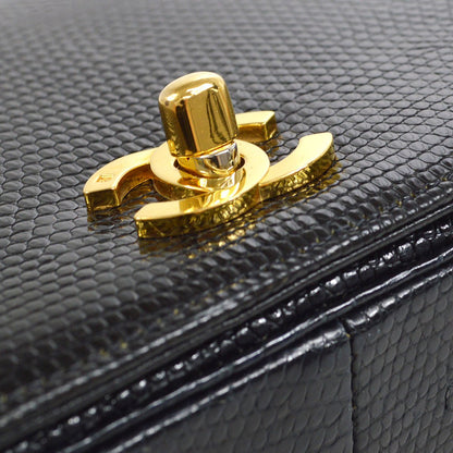 CHANEL * 1989-1991 Turnlock Full Flap Small Black Lizard