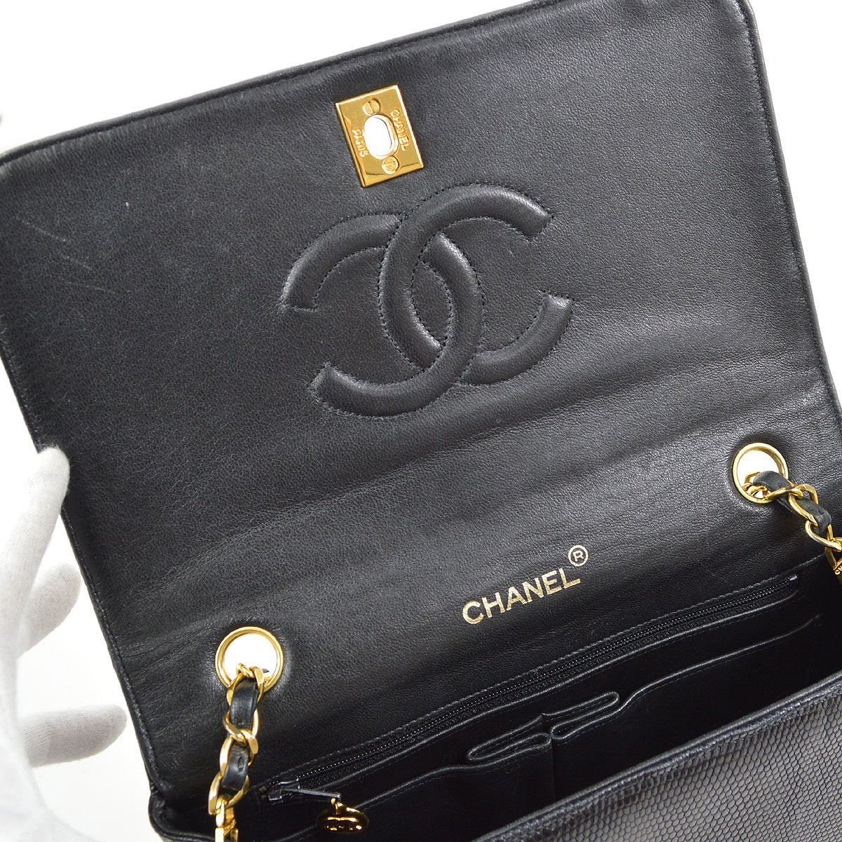 CHANEL * 1989-1991 Turnlock Full Flap Small Black Lizard