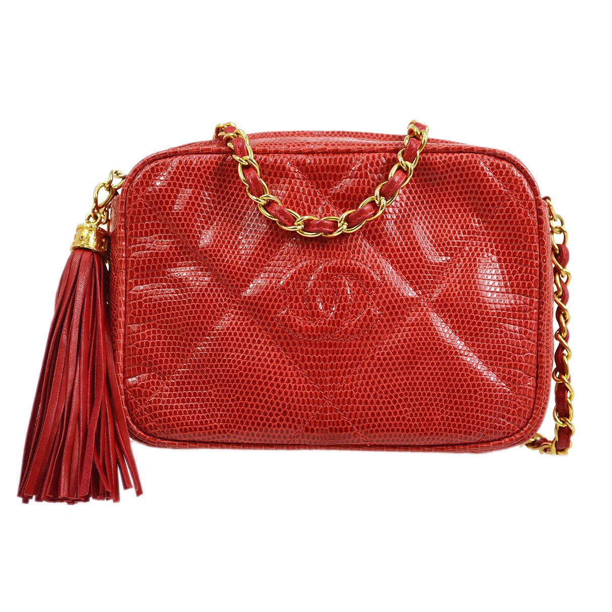 CHANEL 1986-1988 Red Lizard Diamond Camera Bag Mini