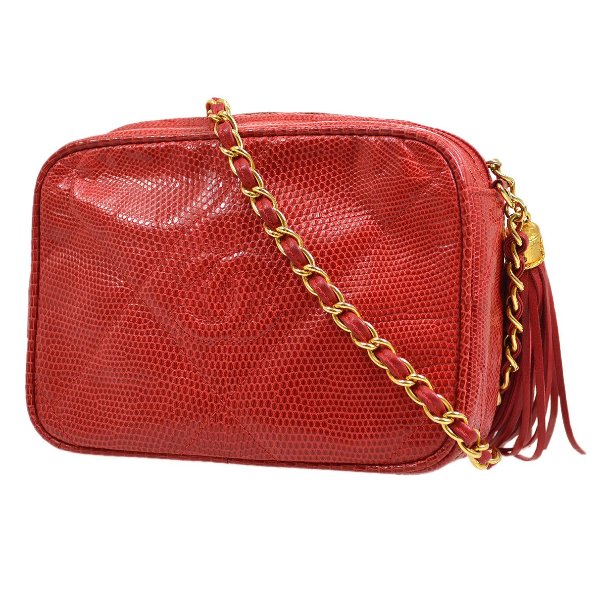 CHANEL 1986-1988 Red Lizard Diamond Camera Bag Mini