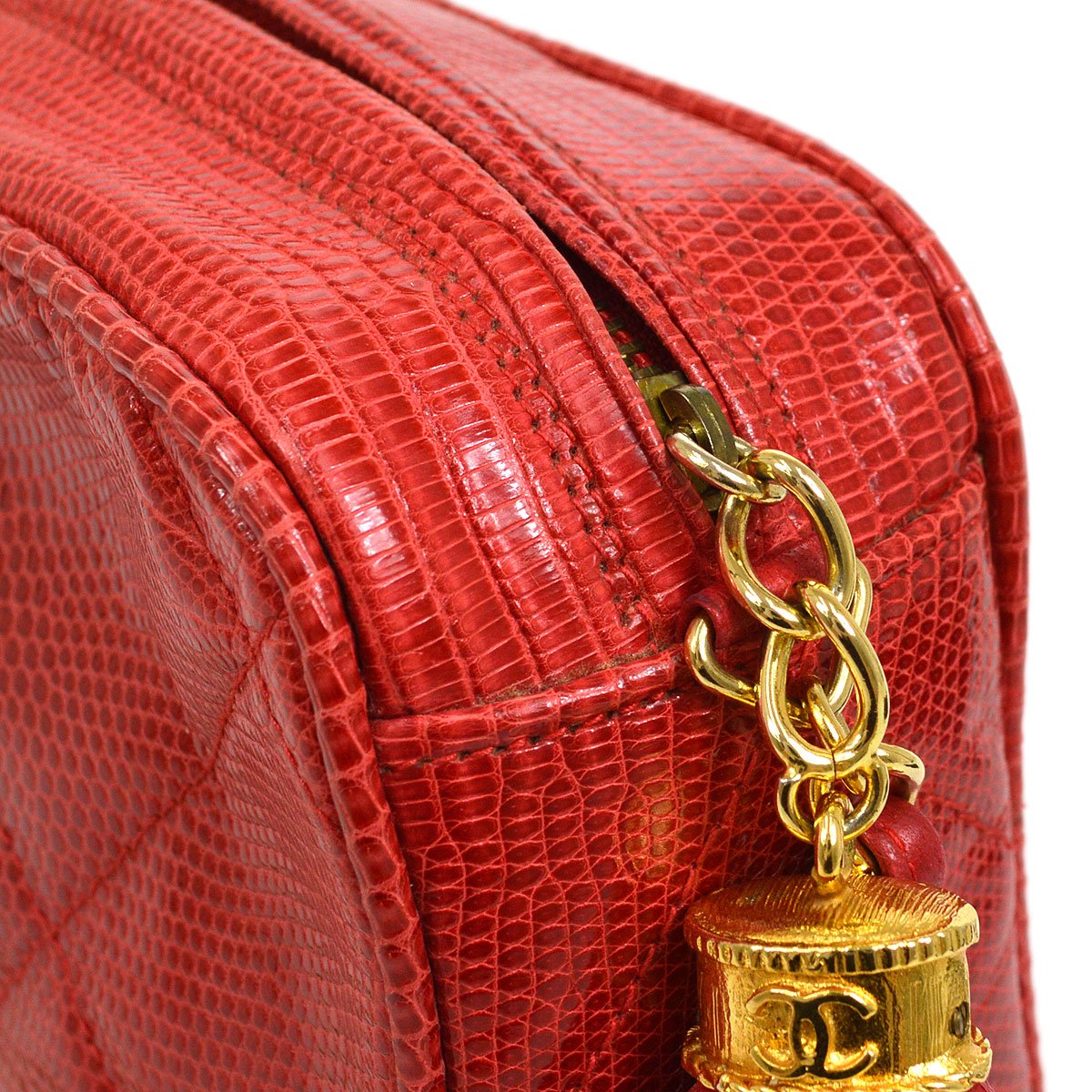 CHANEL 1986-1988 Red Lizard Diamond Camera Bag Mini