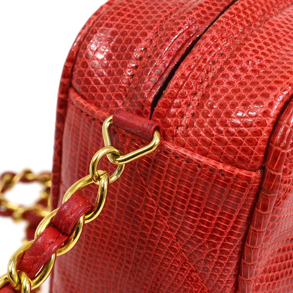CHANEL 1986-1988 Red Lizard Diamond Camera Bag Mini